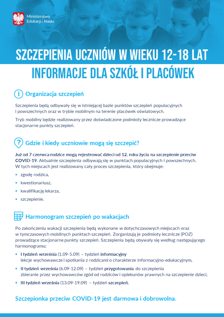 Plakat ministerstwa edukacji o organizacji szczepień przeciw Covid